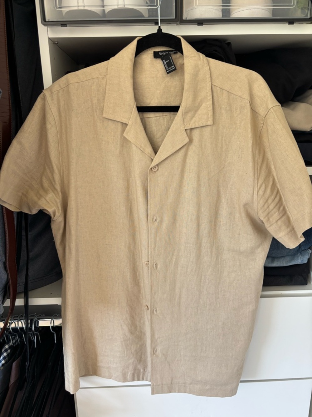 Forever 21 Men's Short Sleeve Camp Collar Shirt - Beige